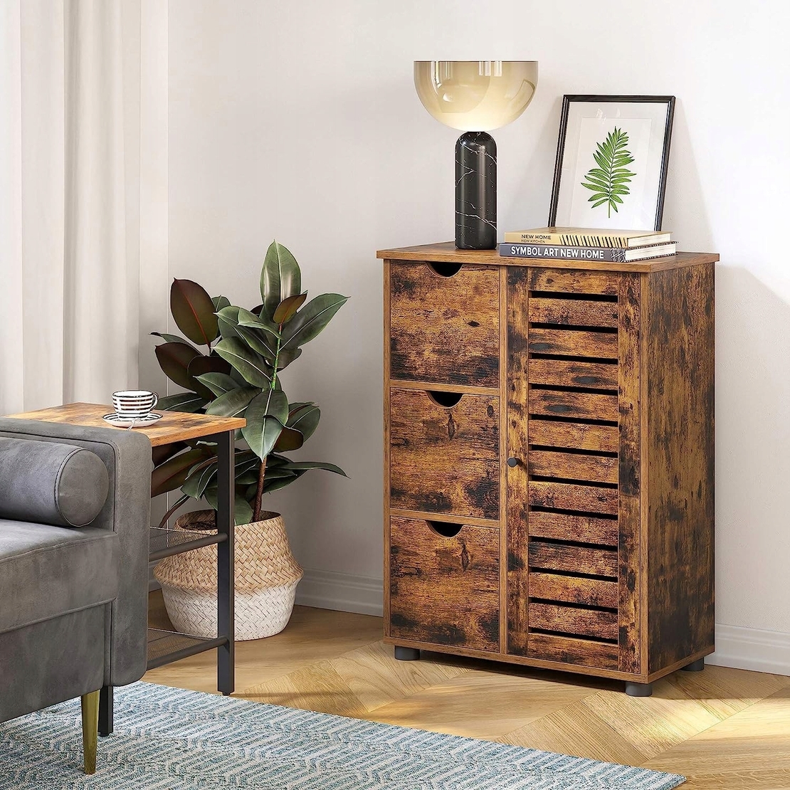 SONGMICS Comoda cu 3 sertare si dulap, 60x30x80cm, maro rustic