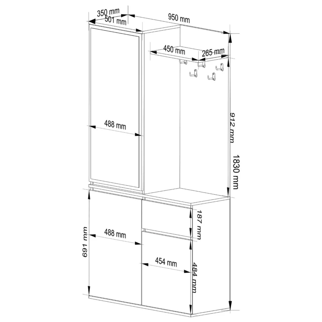 Set hol Entro cu oglinda, cuier si spatii de depozitare, PAL laminat 16 mm, 95x35x183 cm, stejar sonoma