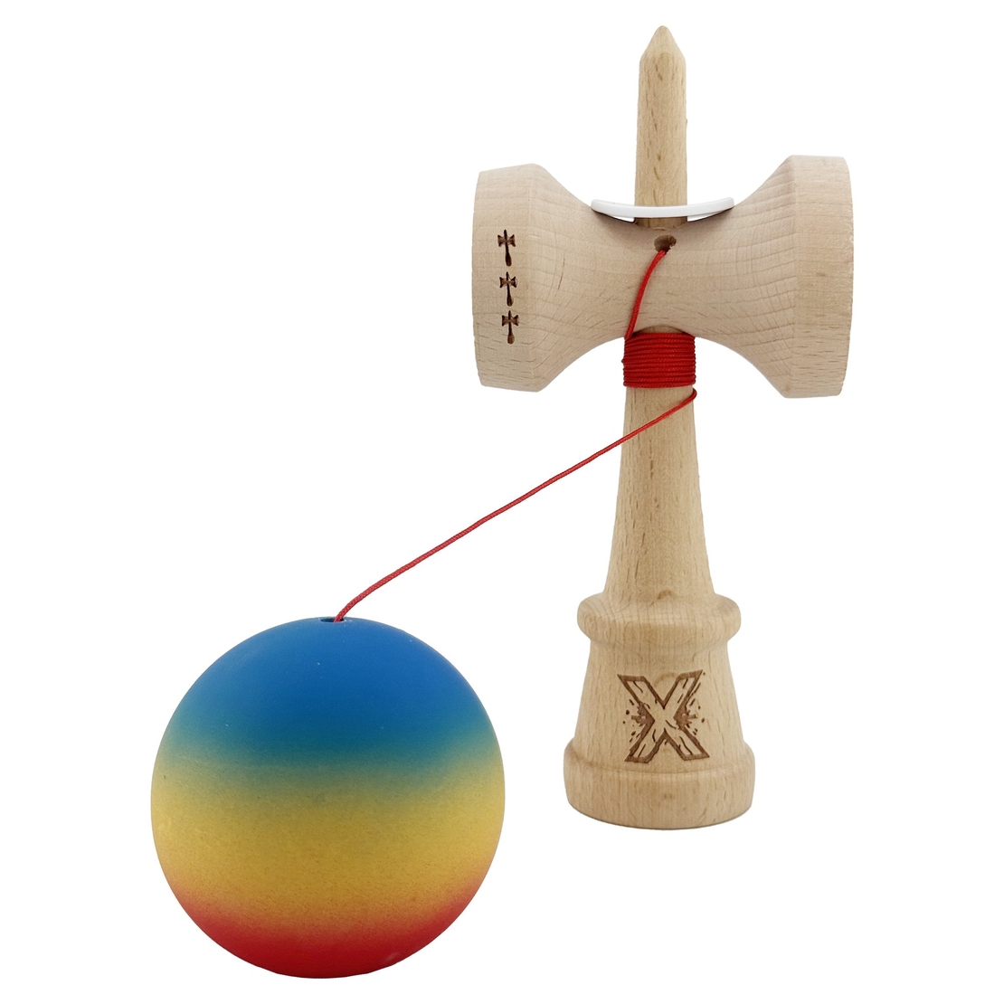 Kendama X Originala, Profesionala, Flippy, Cupe Mari KING SIZE V3, Rubber Grip, Gaura in Baza, Rulment Metalic, din lemn 18 cm, Ata 62/65 cm, Gradient Albastru/Galben/Rosu