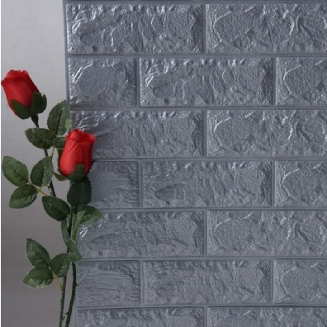 Set 10 Placi de Tapet, Vafy, Autoadezive, 70 x 77 cm, 2.5 mm Grosime, Suprafata Acoperita 5.3 mp, din PVC, Model Caramida, Argintiu