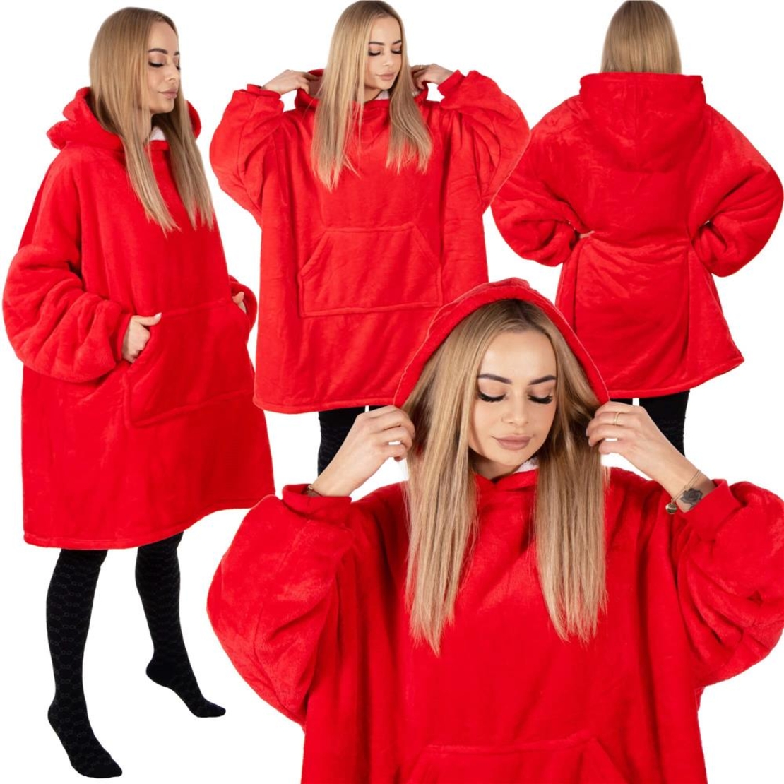 Hanorac tip patura oversize din fleece moale, cu gluga si buzunar mare, rosu