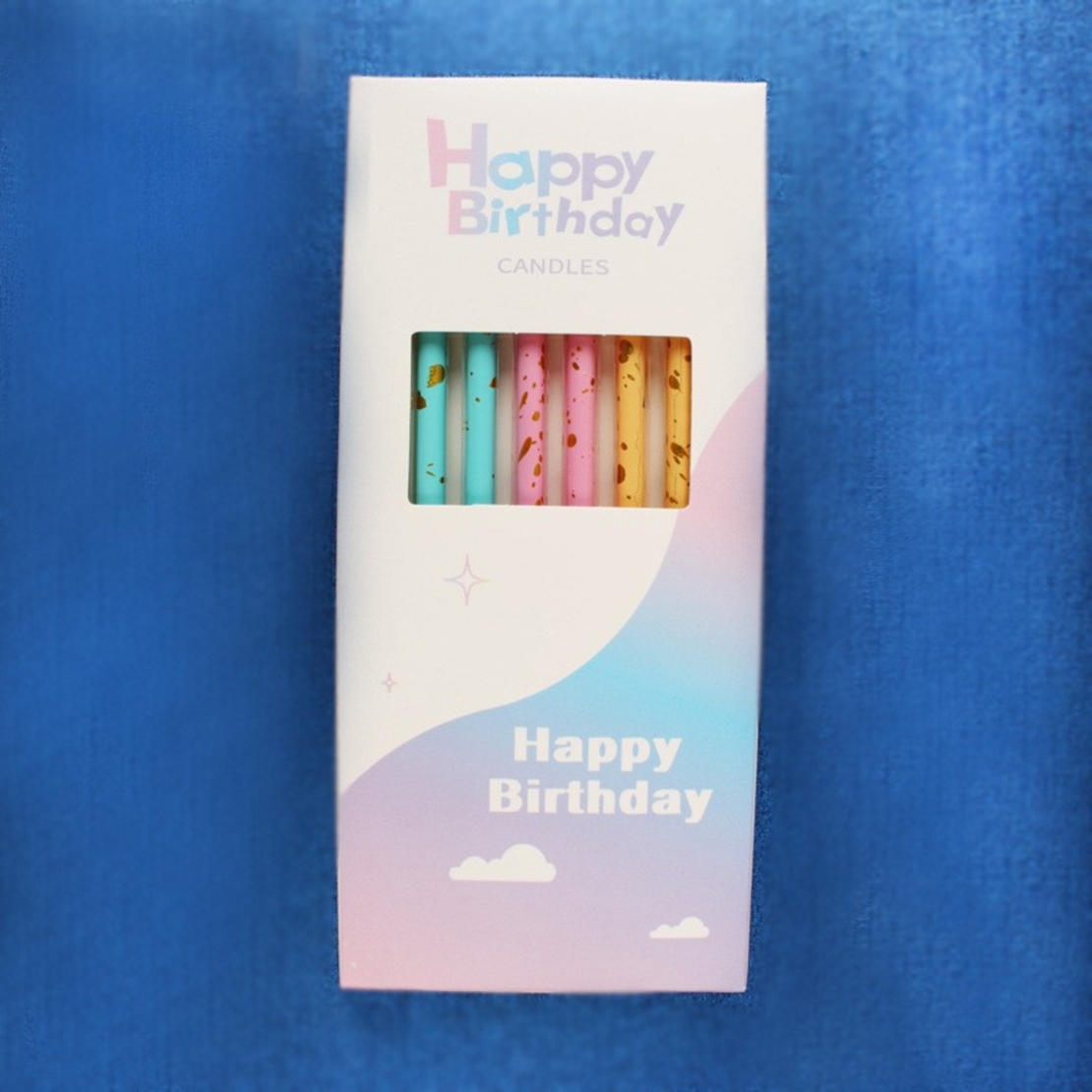 Set 6 Lumanari Lungi, Flippy, din Parafina, 10 x 0.5 cm, Happy Birthday, Multicolor