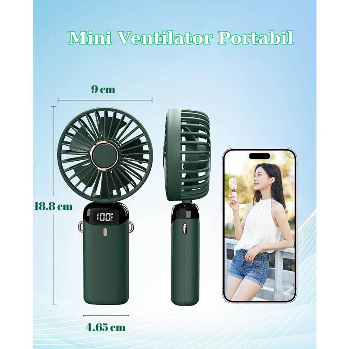 Ventilator Ultra Portabil cu Aromaterapie, Vafy, 3 in 1, de Mana, de Birou, de Gat, 5 Trepte de Viteza, Incarcare USB, Autonomie 12h, Pliabil, cu Ecran LCD, Verde