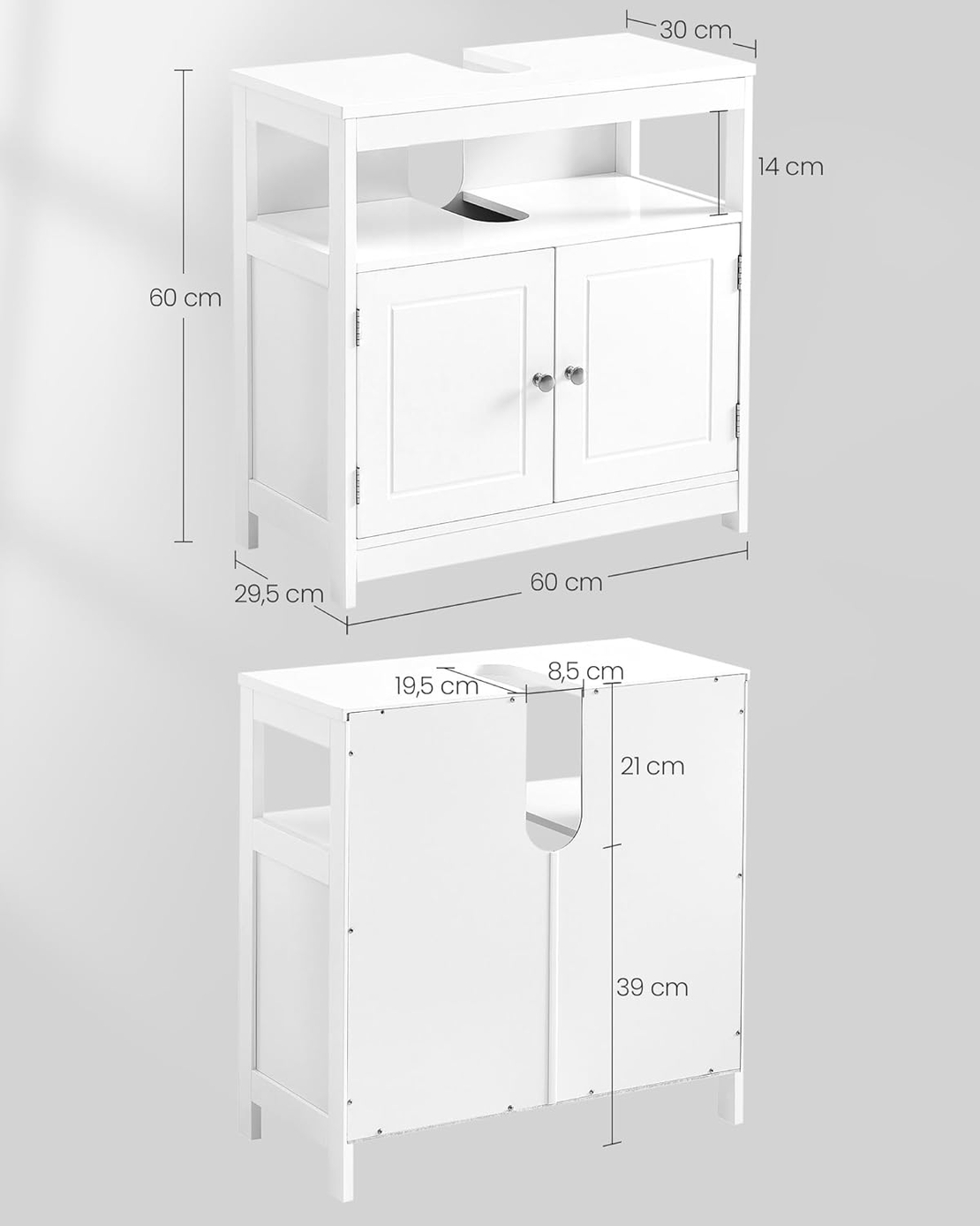 VASAGLE Dulap baie 60x30x60 cm, 2 usi, compartiment deschis, stil scandinav, alb mat