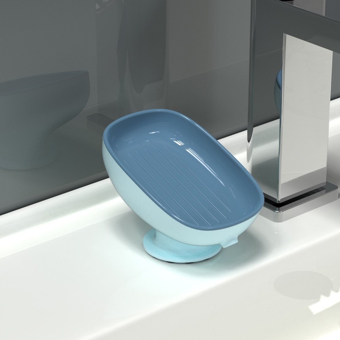 Savoniera din Plastic, Flippy, cu Ventuza, Design Modern, Albastru