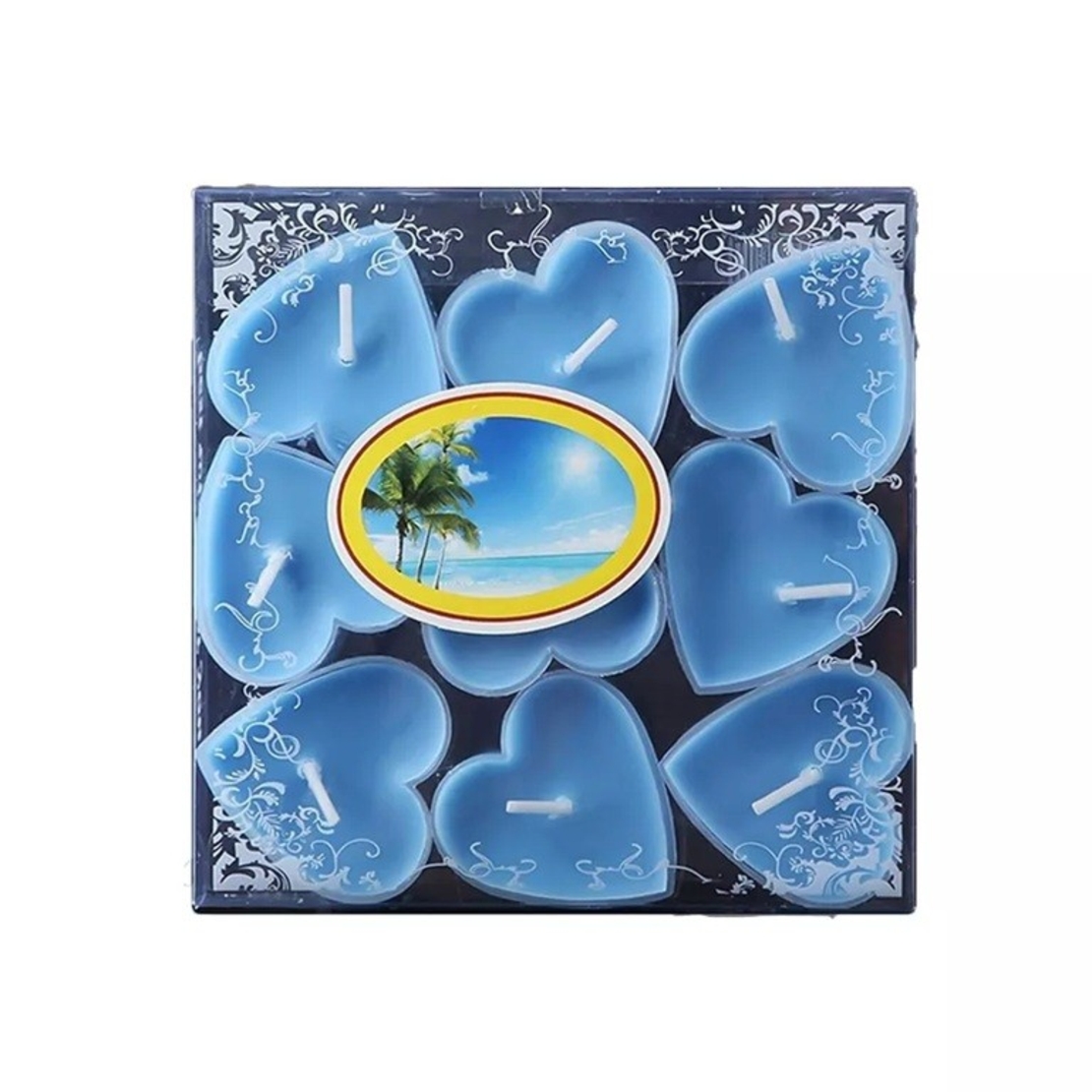 Set 9 Lumanari in Forma de Inima, Flippy, pentru Ziua Indragostitilor, Aroma Tropicala, Ardere 3.5 h, din Parafina, 4 x 2 cm, Albastru
