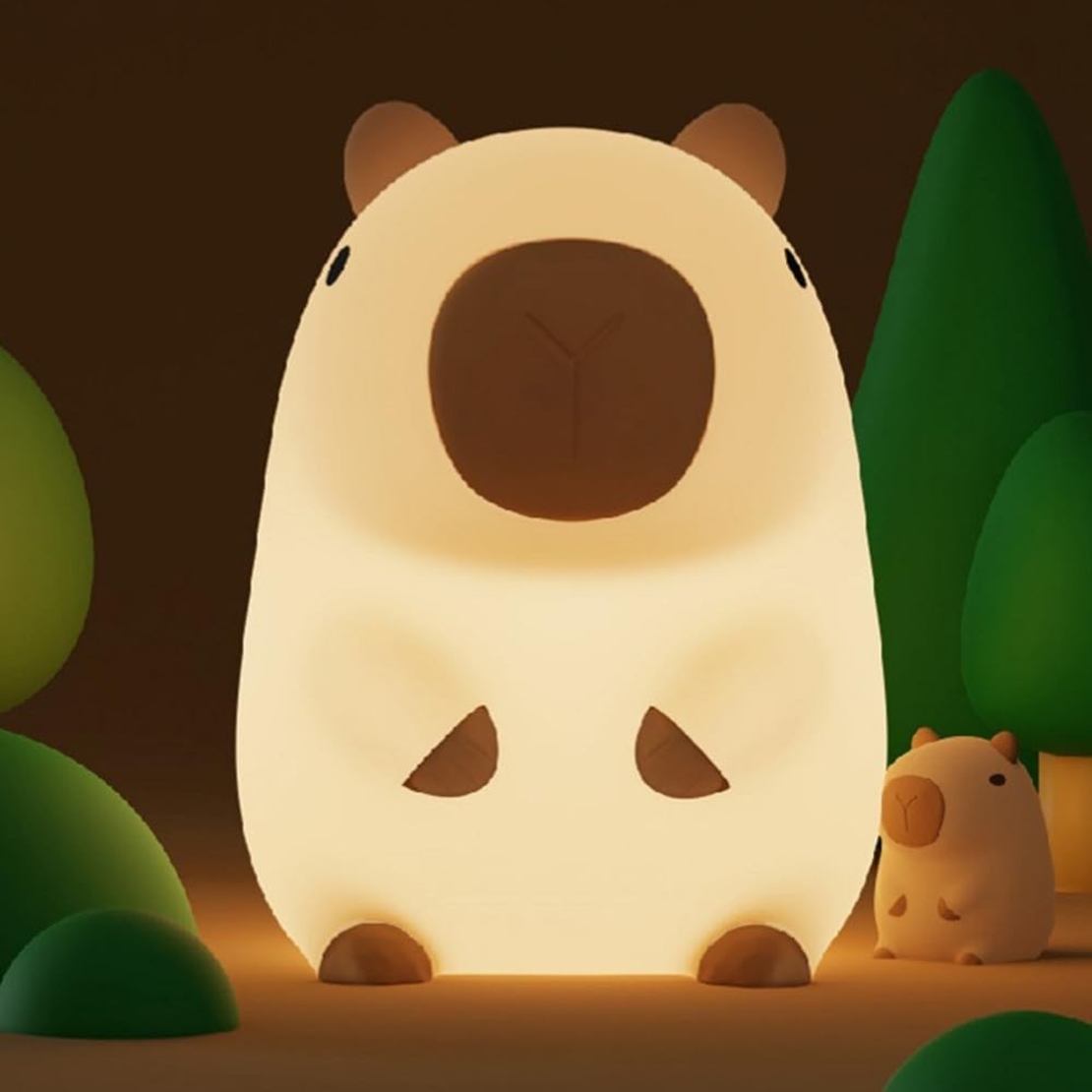 Lampa de Veghe pentru Copii, Flippy, din Silicon, Senzor Tactil, Model Capibara, Lumina Calda, Protectie pentru Ochi, Incarcare USB, Capacitate Baterie Incorporata 800mAh, 10.8x9x12.8 cm, Alb