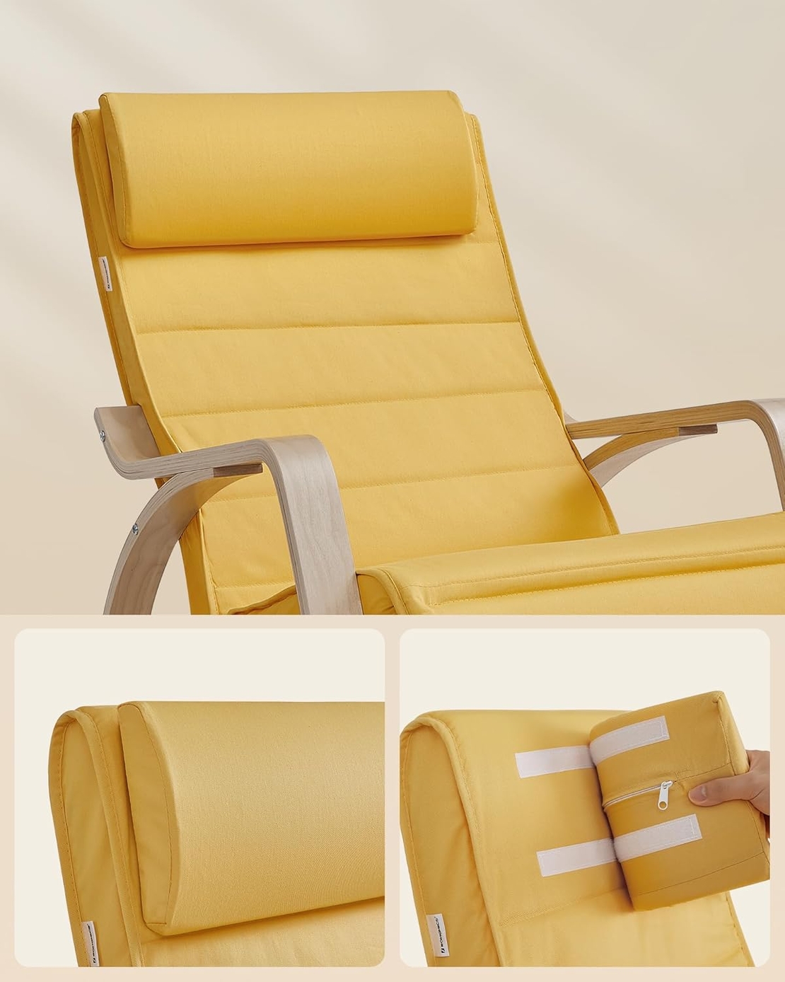 SONGMICS Scaun balansoar din lemn, suport picioare reglabil, maxim 150kg, 121x67x84 cm, galben