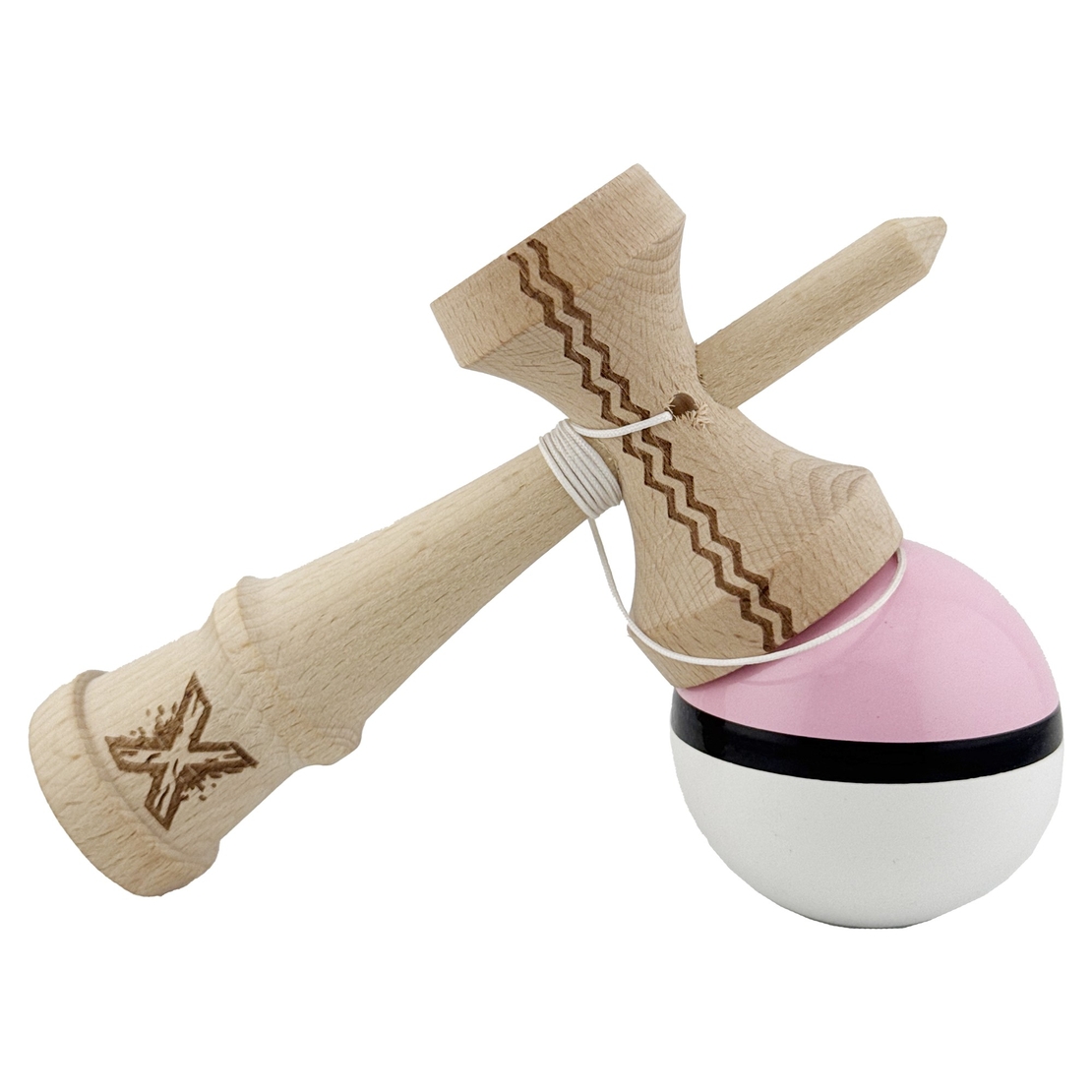 Kendama X Originala, Profesionala, Flippy, Gravata cu Cupe Mari V2, Super Sticky, Gaura in Baza, Rulment Metalic, din lemn 18 cm, Ata 55 cm, Roz/Negru/Alb