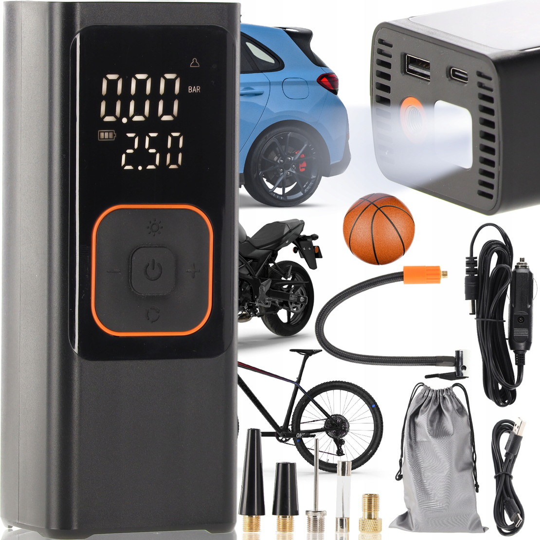 Compresor anvelope portabil auto 12V, acumulator 7500 mAh, 150 PSI cu manometru, lanterna LED si functie powerbank, reincarcare USB