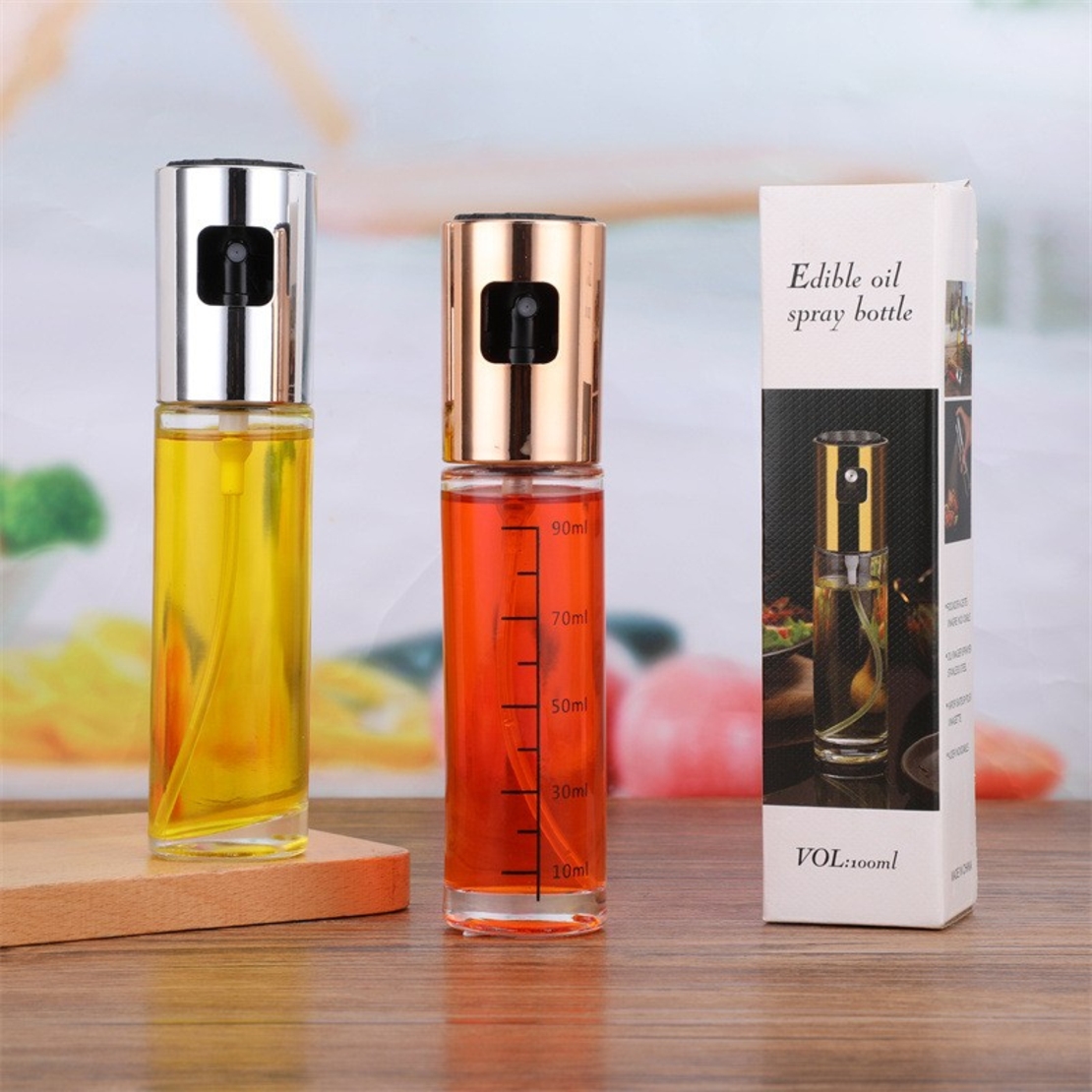 Pulverizator Ulei, Otet, Vafy, din Sticla, 100 ml, Reincarcabil, 18.3 x 4.3 cm, Masura 90 ml, Capac Lucios, Auriu