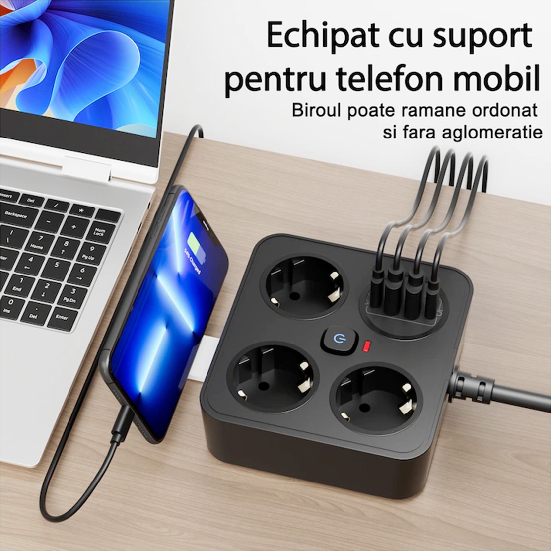 Prelungitor Multifunctional pentru Birou, Vafy, 3 Prize, 2 USB-A, 2 TYPE-C, Suport pentru Telefon, 3250W, Lungime Cablu 2 m, 11.4 x 12.4 cm, Negru