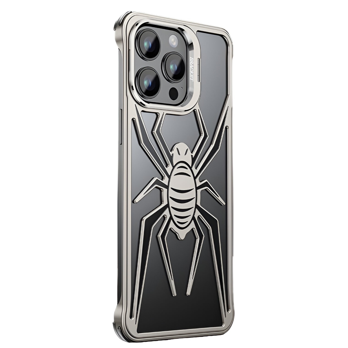 Husa de Protectie Compatibila iPhone 15 Pro Max, cu Suport Metalic pentru Camera, Armor Protective Series, Vafy, Antisoc, Protectie de Metal pe Margini, Model Paianjen, Negru Gri