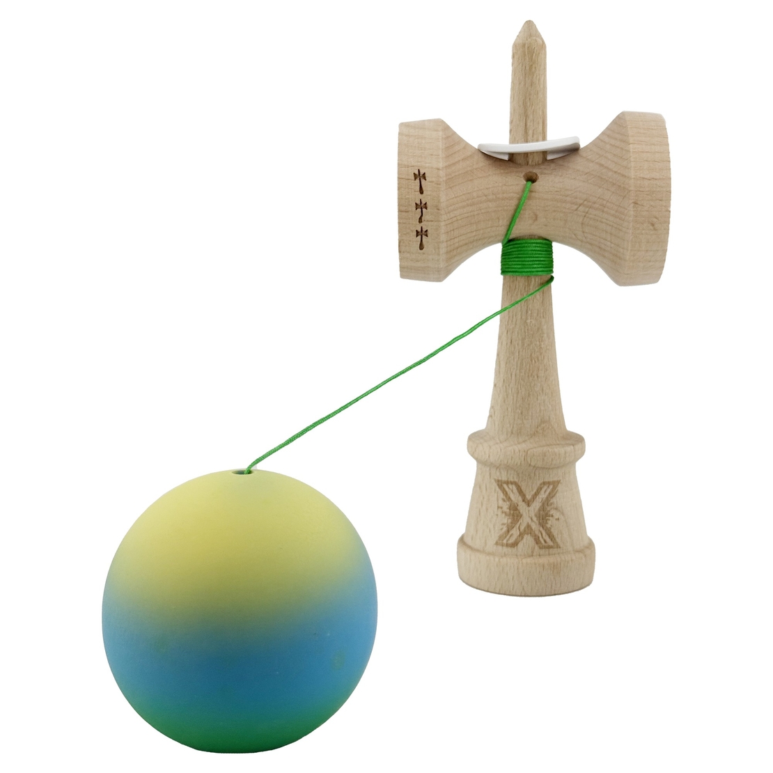 Kendama X Originala, Profesionala, Flippy, Cupe Mari KING SIZE V3, Rubber Grip, Gaura in Baza, Rulment Metalic, din lemn 18 cm, Ata 62/65 cm, Gradient Galben/Albastru/Verde