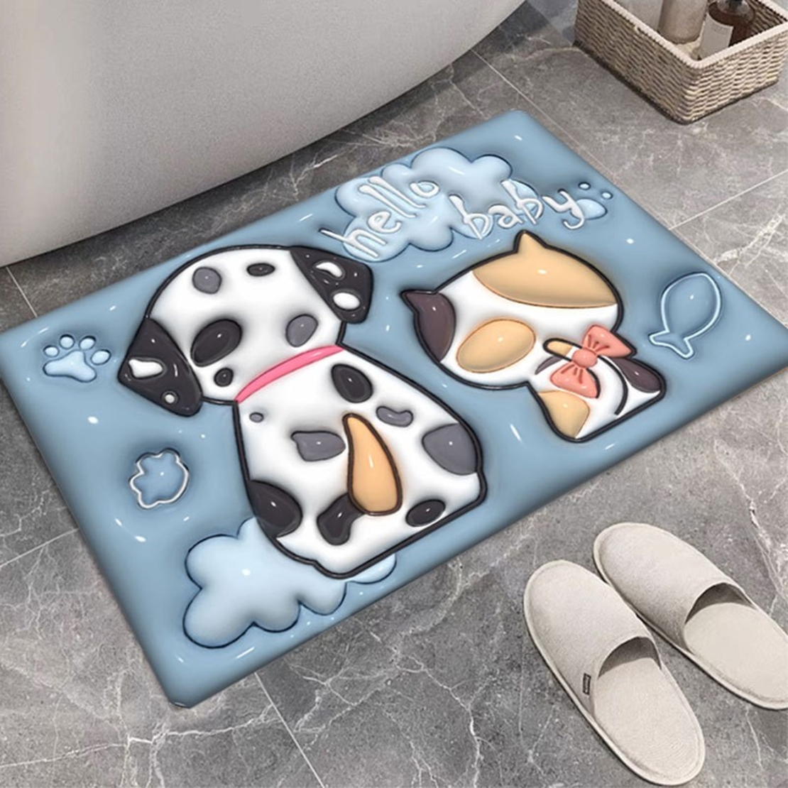 Covor de Baie, Flippy, 3D, din Spuma, Antialunecare, Absorbant, 40 x 60 cm, Model Catel si Pisica, Multicolor