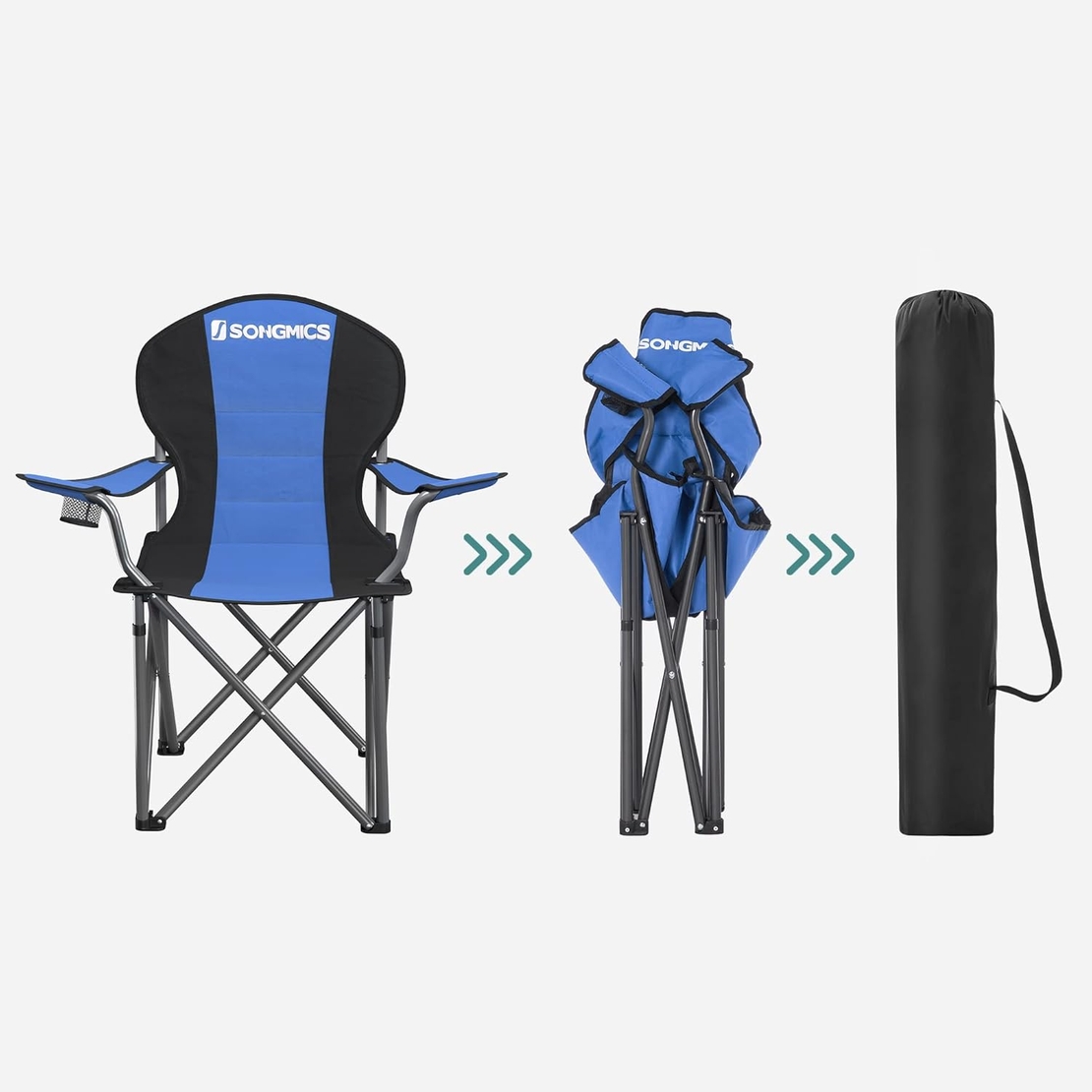 SONGMICS Scaun pliabil camping cu sezut buretat, suport bauturi, husa transport, 250 kg, 90x55x102 cm, albastru