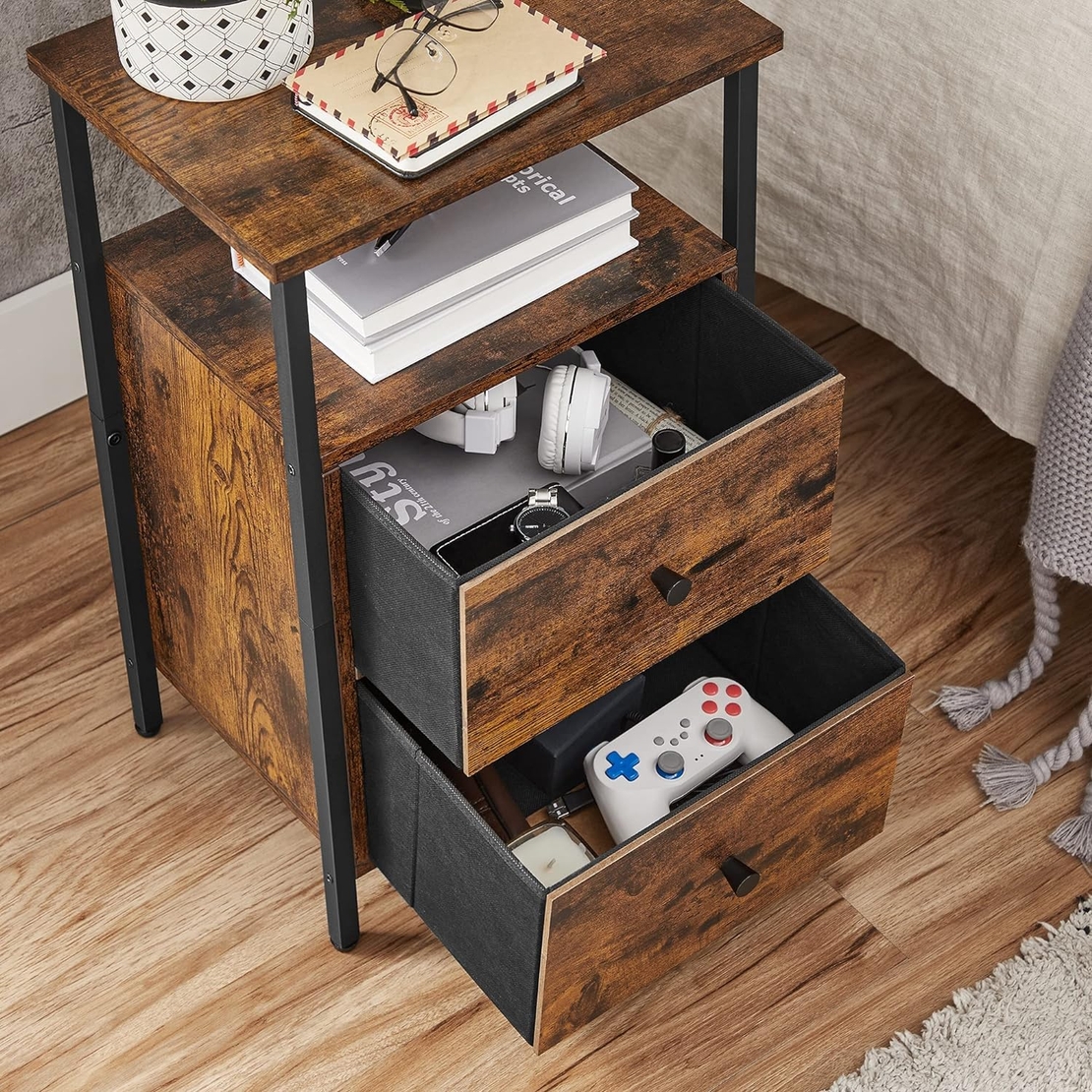 VASAGLE Noptiera cu 2 sertare pentru dormitor, design industrial, 28x38x60cm, maro si negru