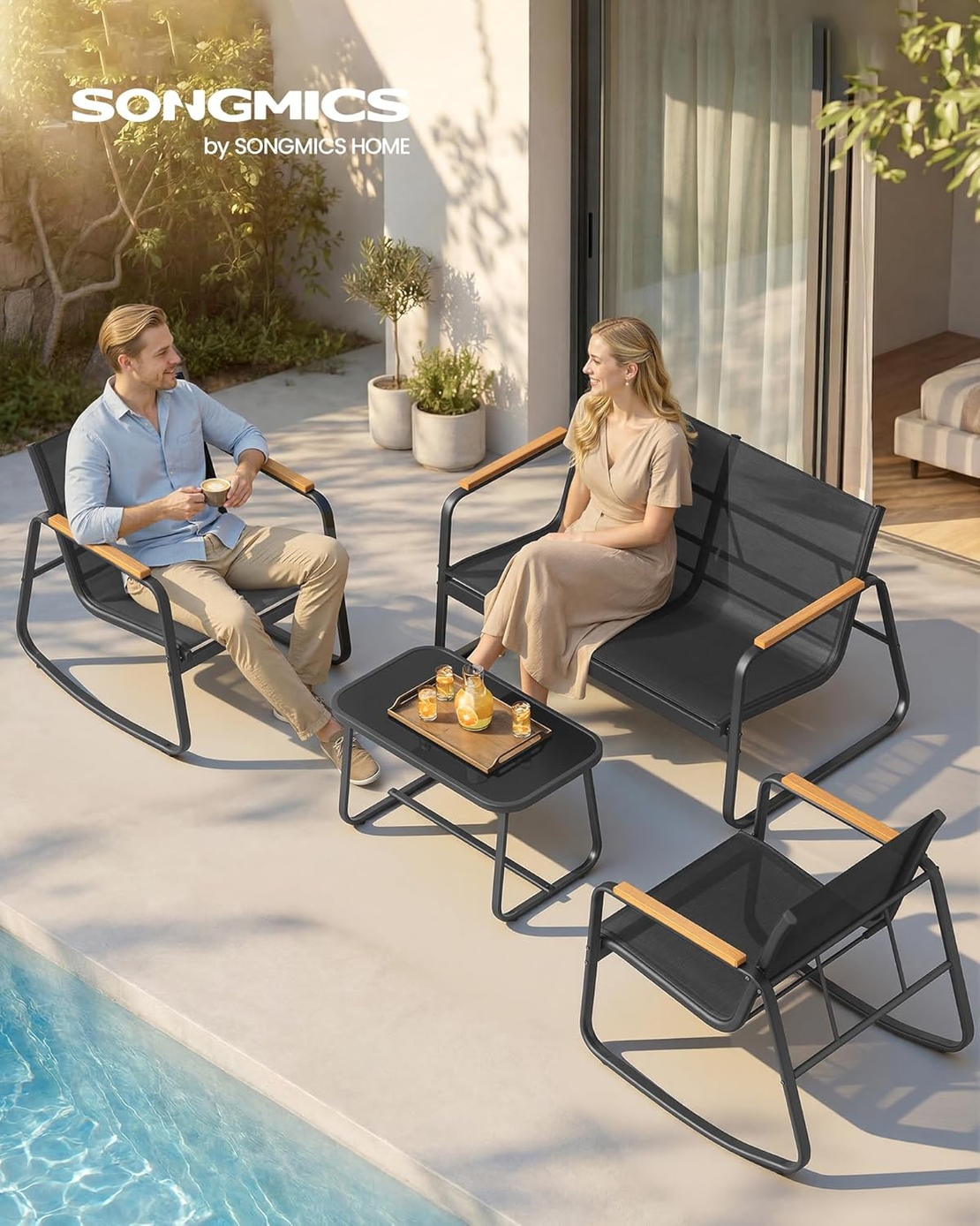 SONGMICS Set mobilier gradina 4 locuri, 2 scaune balansoar, canapea si masa, cadru metalic, negru