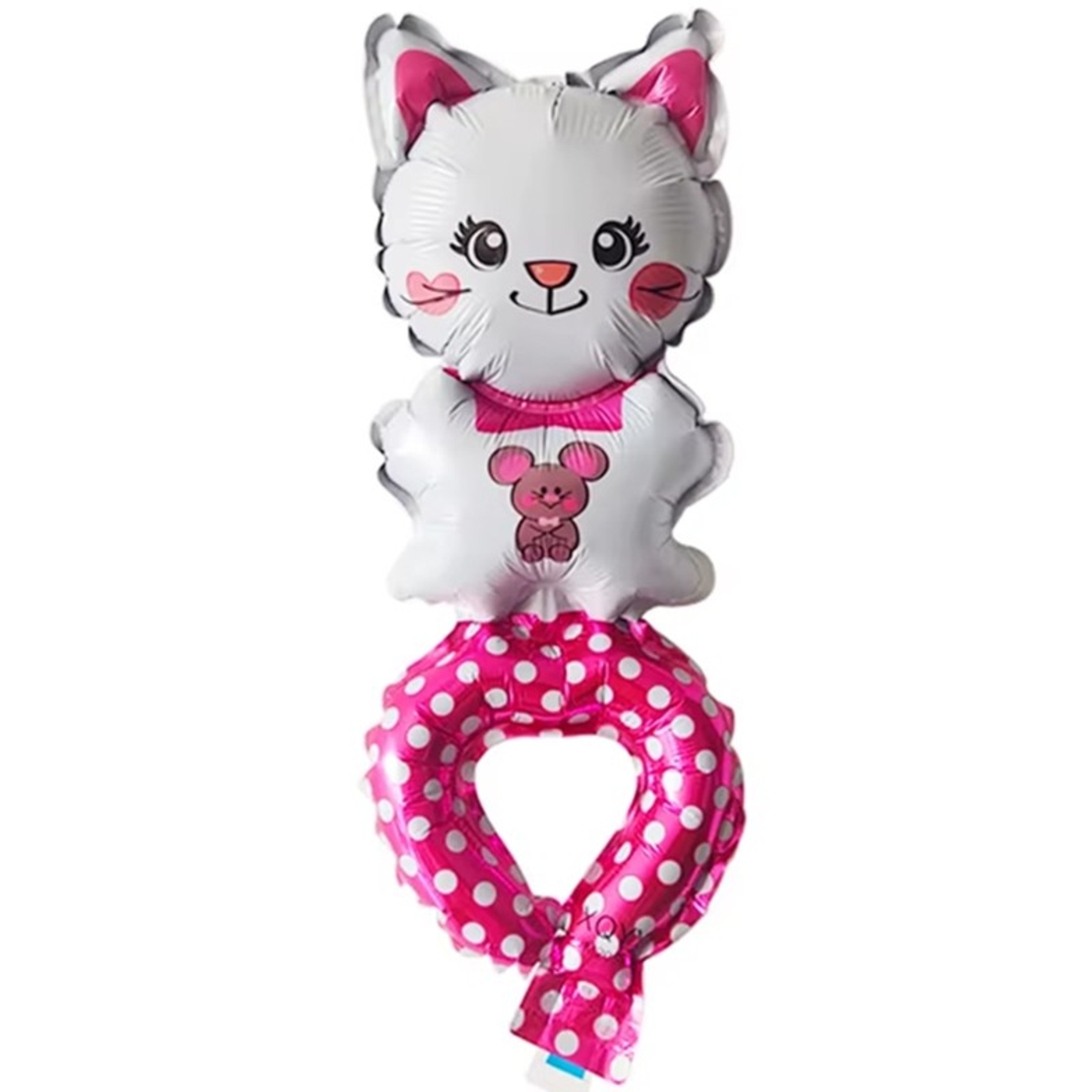 Balon din Folie Metalizata, Vafy, Figurine Animalute, Tip Bratara, Model Pisica, Ambalaj Individual, Pai Inclus, Umflare cu Aer sau Heliu, Alb