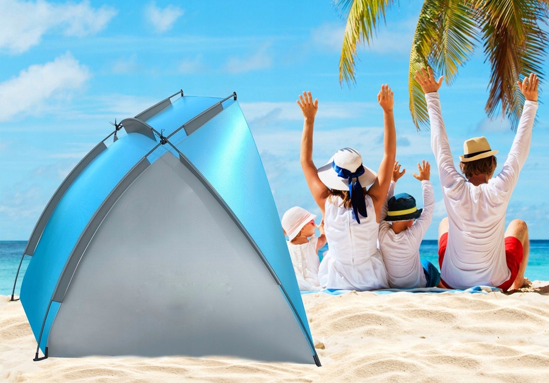 Cort plaja si picnic deschis Sersimo, protectie UV, 220x115x120cm, albastru gri
