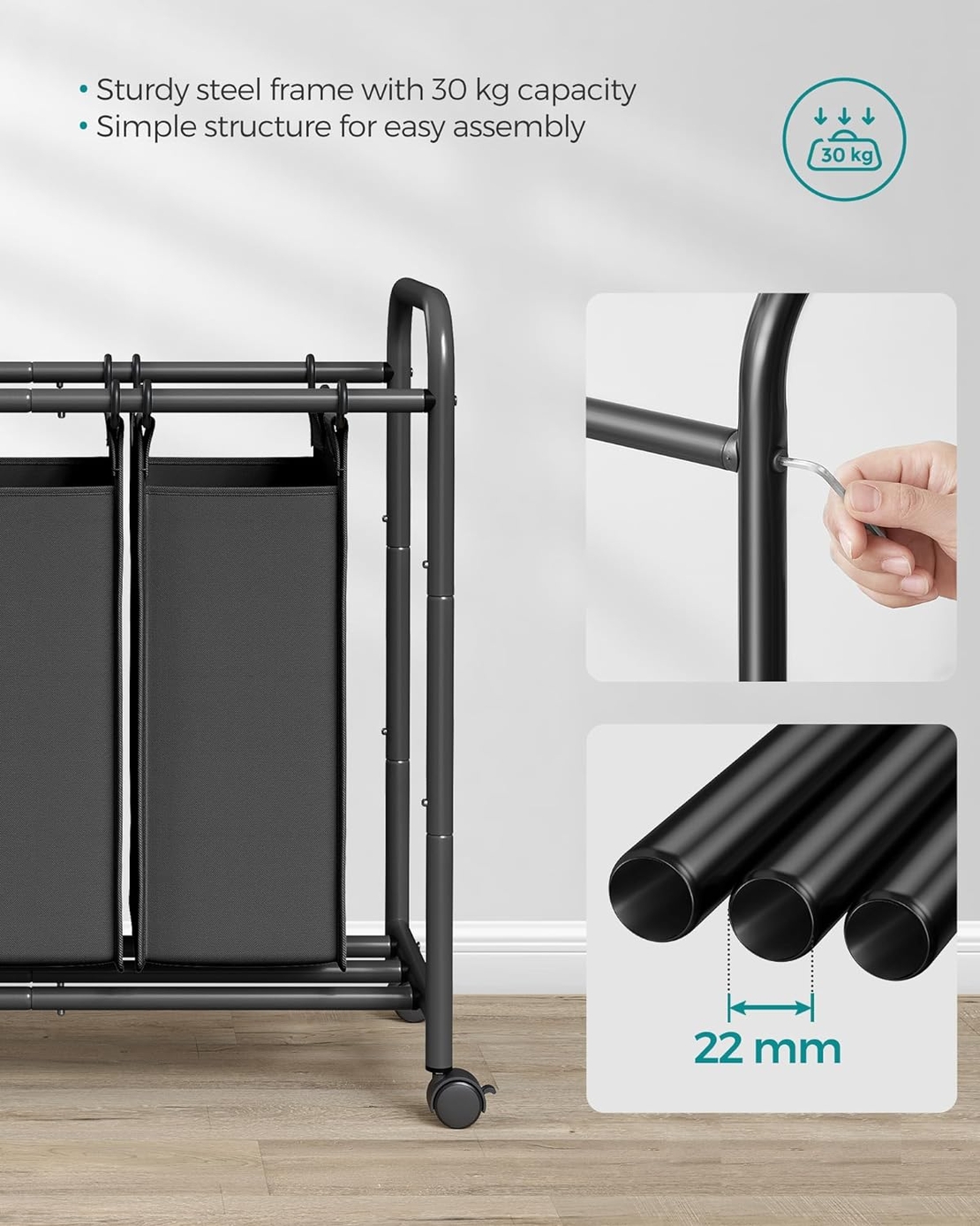 SONGMICS Cos de rufe cu 3 saci detasabili, structura metalica pe roti, 3x44L, 77x41x82cm, negru