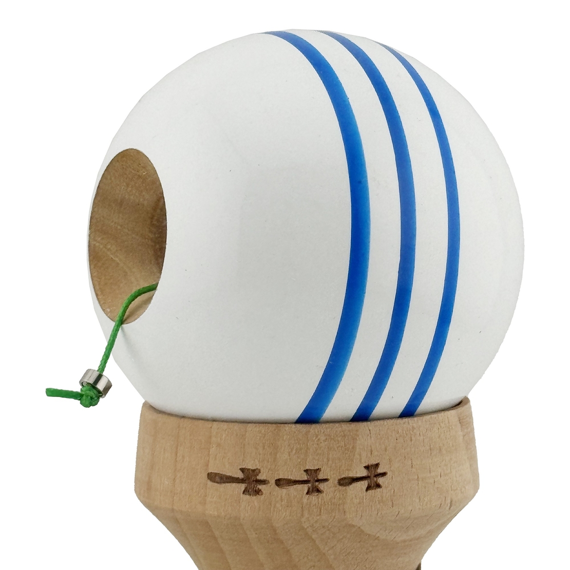 Kendama X Originala, Profesionala, Flippy, Super Sticky cu Cupe Mari KING SIZE V3, Gaura in Baza, Rulment Metalic, din lemn 18 cm, Ata 62/65 cm, Special Alb/Albastru