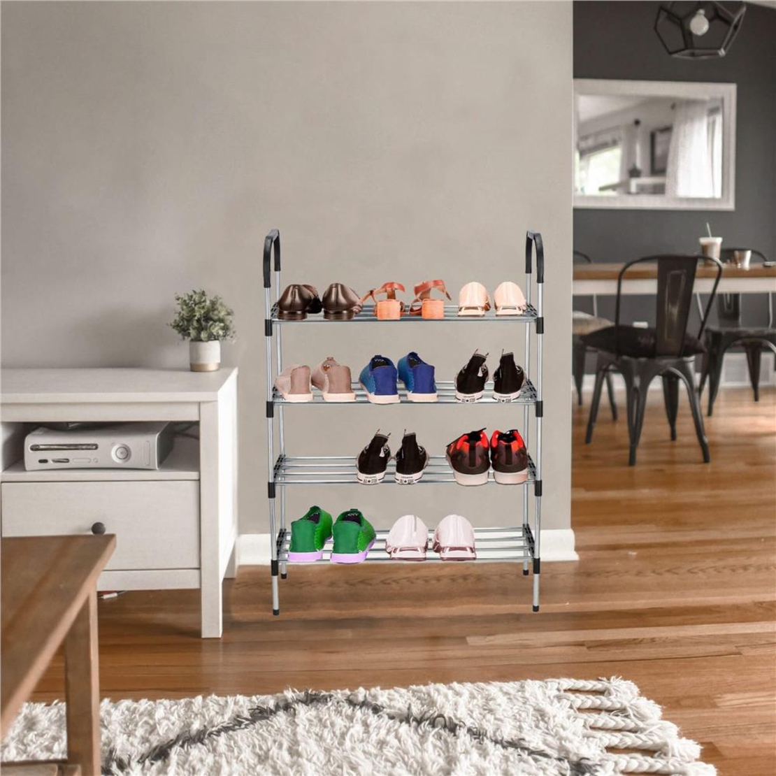Suport pentru pantofi, 4 rafturi, cadru metalic, 84x28x60cm, negru si argintiu