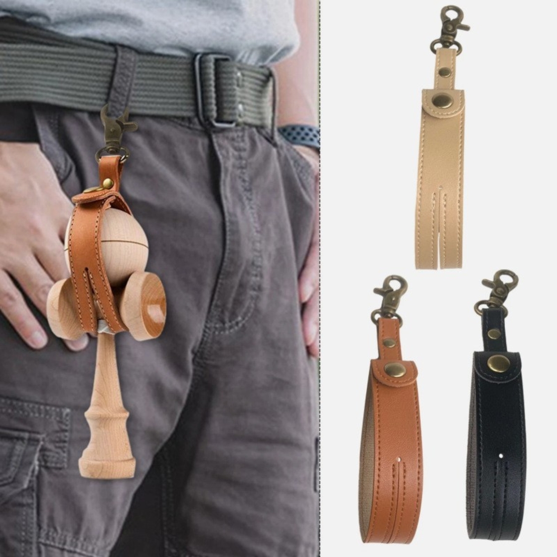 Husa pentru Kendama, Flippy, Husa de Depozitare pentru Kendama, din Piele Ecologica, Catarama cu Agatare pentru Transportare, Model Breloc Simplu, 19.5 x 2.5 cm, Apricot