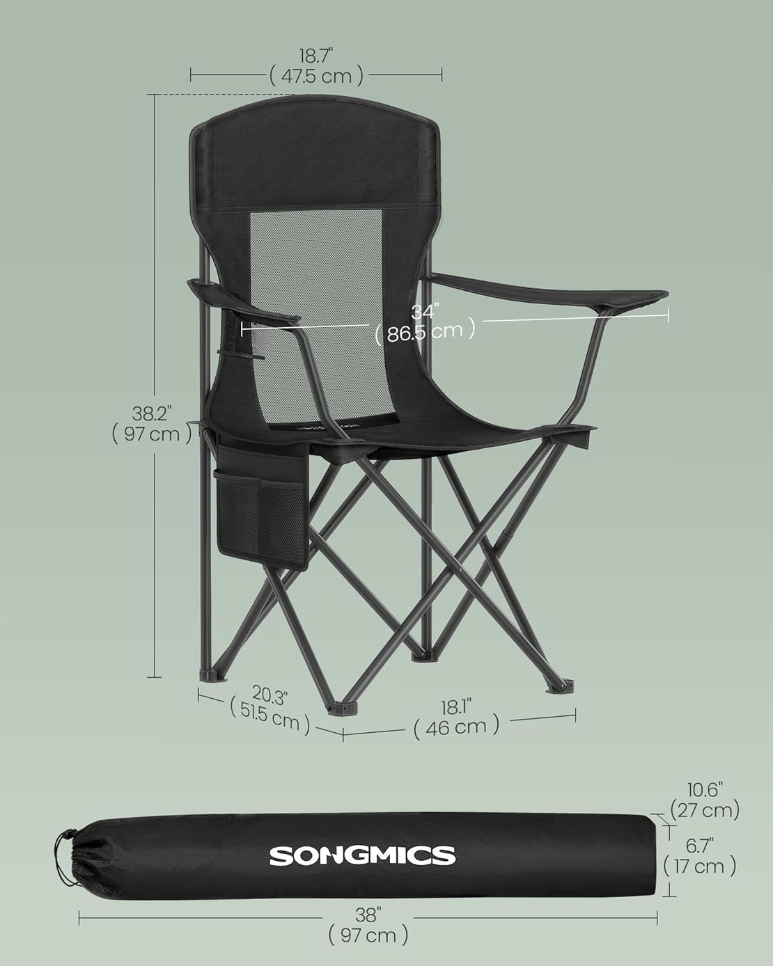 SONGMICS Set 2 scaune pliabile camping cu spatar inalt si suport bauturi, husa transport, 150 kg, 52x87x97 cm, negru