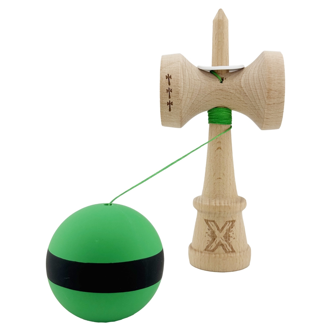 Kendama X Originala, Profesionala, Flippy, Cupe Mari KING SIZE V3, Rubber Grip, Gaura in Baza, Rulment Metalic, din lemn 18 cm, Ata 62/65 cm, M Bicolor Verde Dublu/Negru