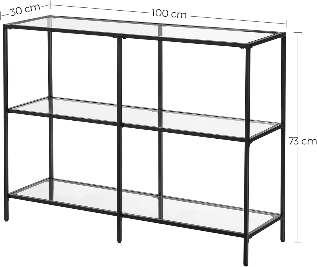 VASAGLE Masa de intrare, pe 3 nivele, blat din sticla securizata, cadru metalic, 30x100x73cm, negru