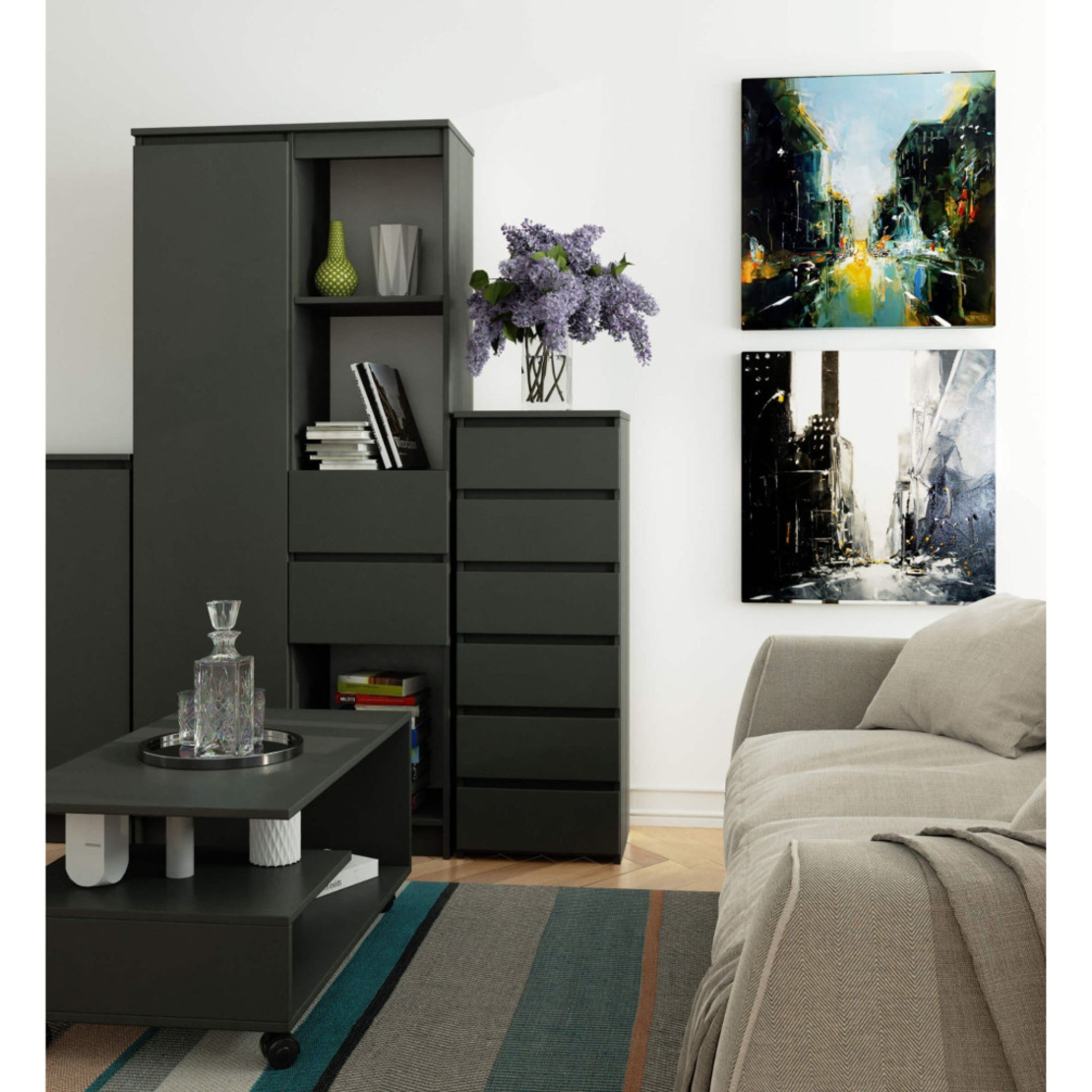 Comoda cu 6 sertare, PAL laminat 16 mm, 40x35x109 cm, gri