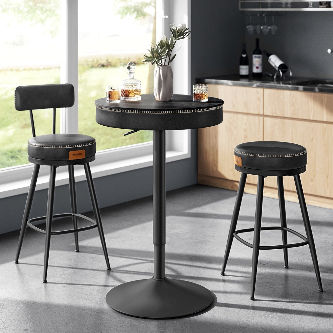VASAGLE Masa de bar neagra, 59x59x(83-105) cm – inaltime reglabila, compartiment de depozitare