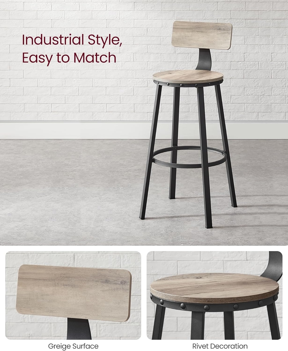 VASAGLE Set de 2 scaune de bar inalte cu spatar, cadru din otel, industrial, 54x99cm, gri stejar