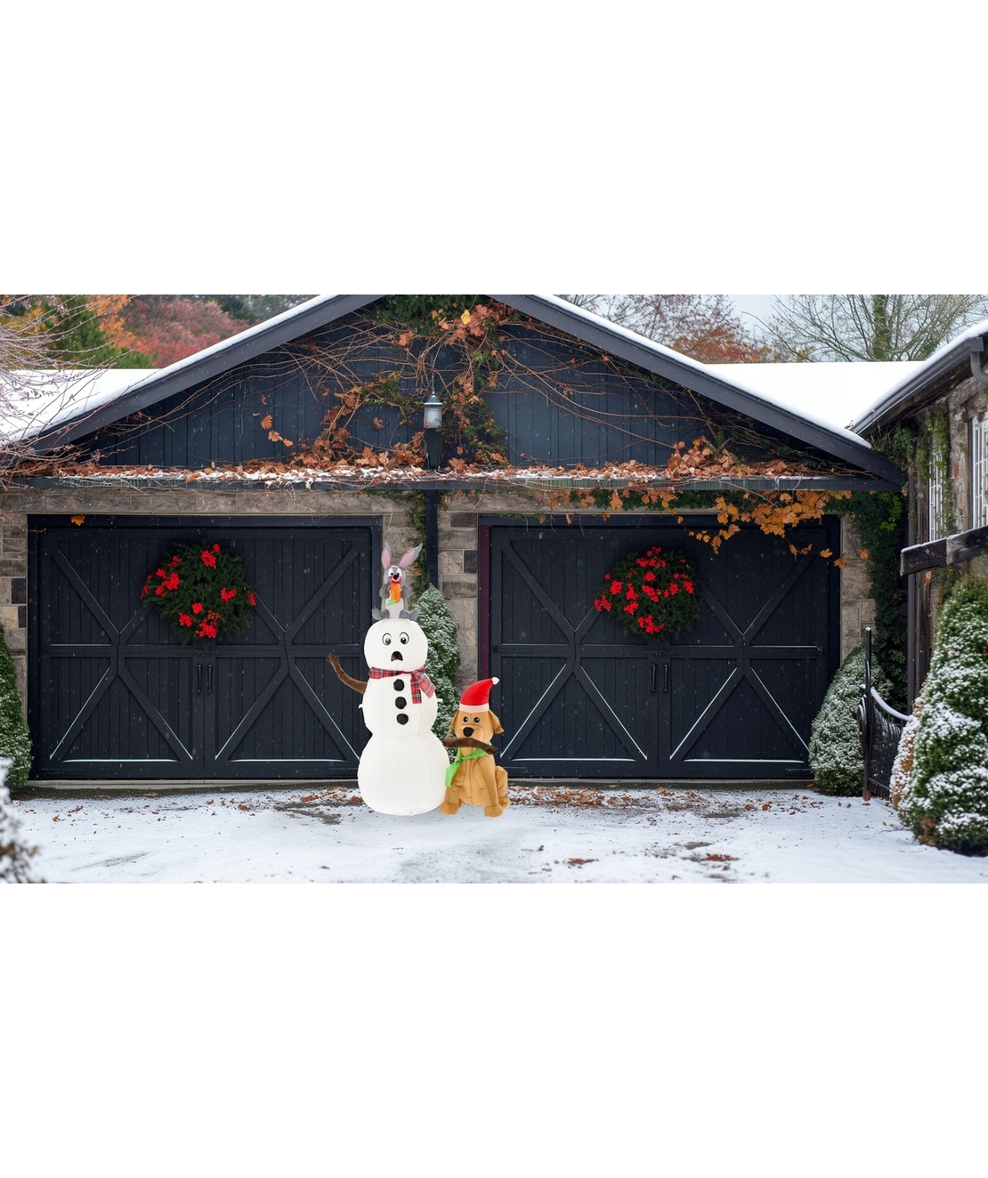 Om de zapada de exterior gonflabil, iluminare LED, cu catel si iepuras, cu compresor integrat, 180x80x60 cm, alb