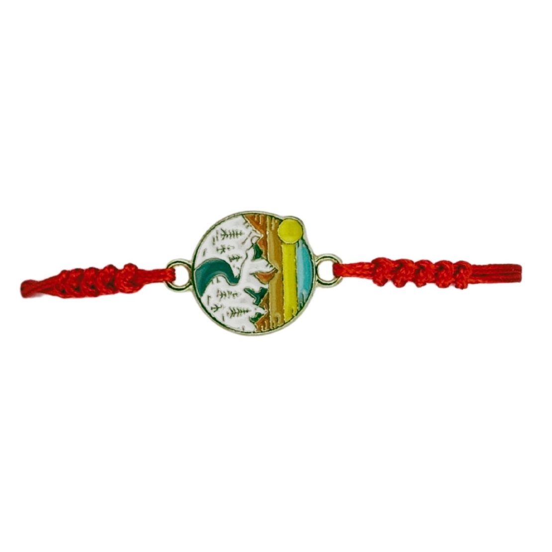 Martisor Bratara pentru Dama si Copii, Jolie, Model Peisaj Natura si Munte, Set 12 bucati, Pandantiv Emailat Rotund, Snur Reglabil, Rosu