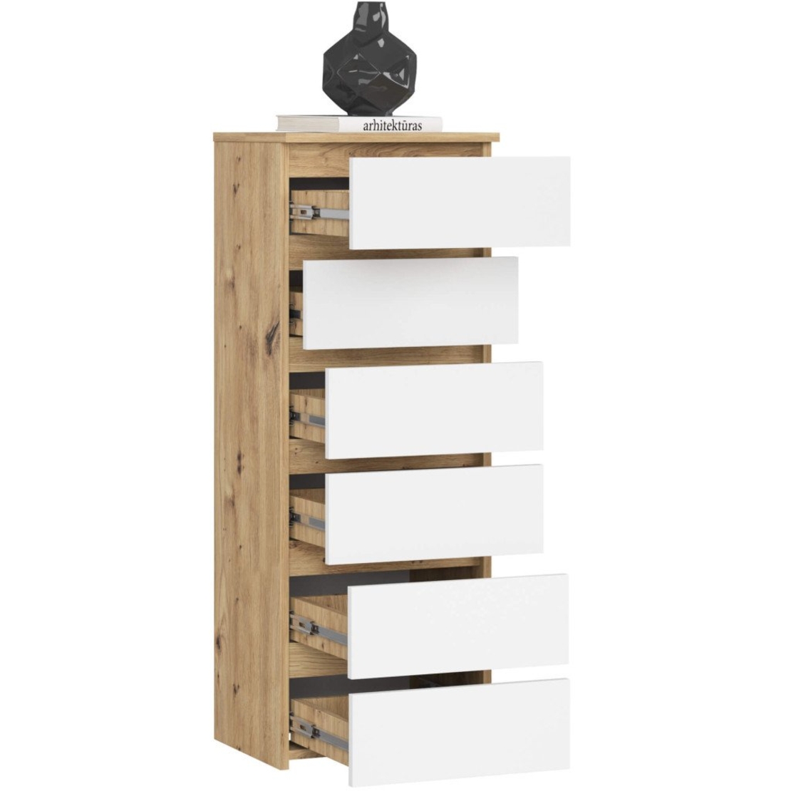 Comoda cu 6 sertare, PAL laminat 16 mm, 40x35x109 cm, stejar artisan si alb