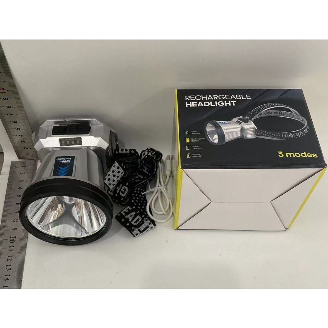Lanterna Power Bank LED, Vafy, cu Suport pentru Cap, Incarcare USB, Raza 100-200m, 5W, 3 Trepte de Lumina, Afisaj Baterie, Argintiu