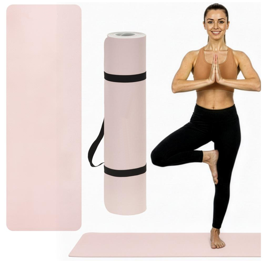 Saltea fitness antiderapanta din TPE, 183x61x1 cm, cu curea transport, roz
