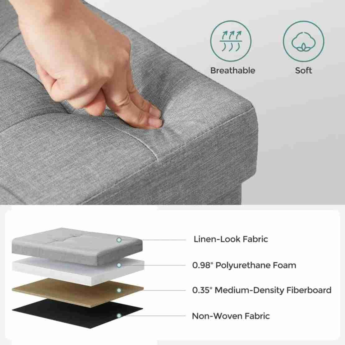 SONGMICS Taburet pliabil cu sezut moale, spatiu de depozitare 131litri, maxim 300kg, 110x38x38cm, gri