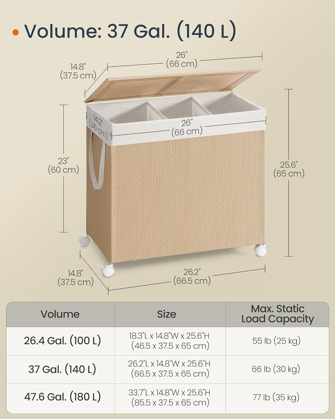 SONGMICS Cos rufe din tesatura tip ratan, 140L cu 3 compartimente si roti, 66x38x65 cm, bej natur