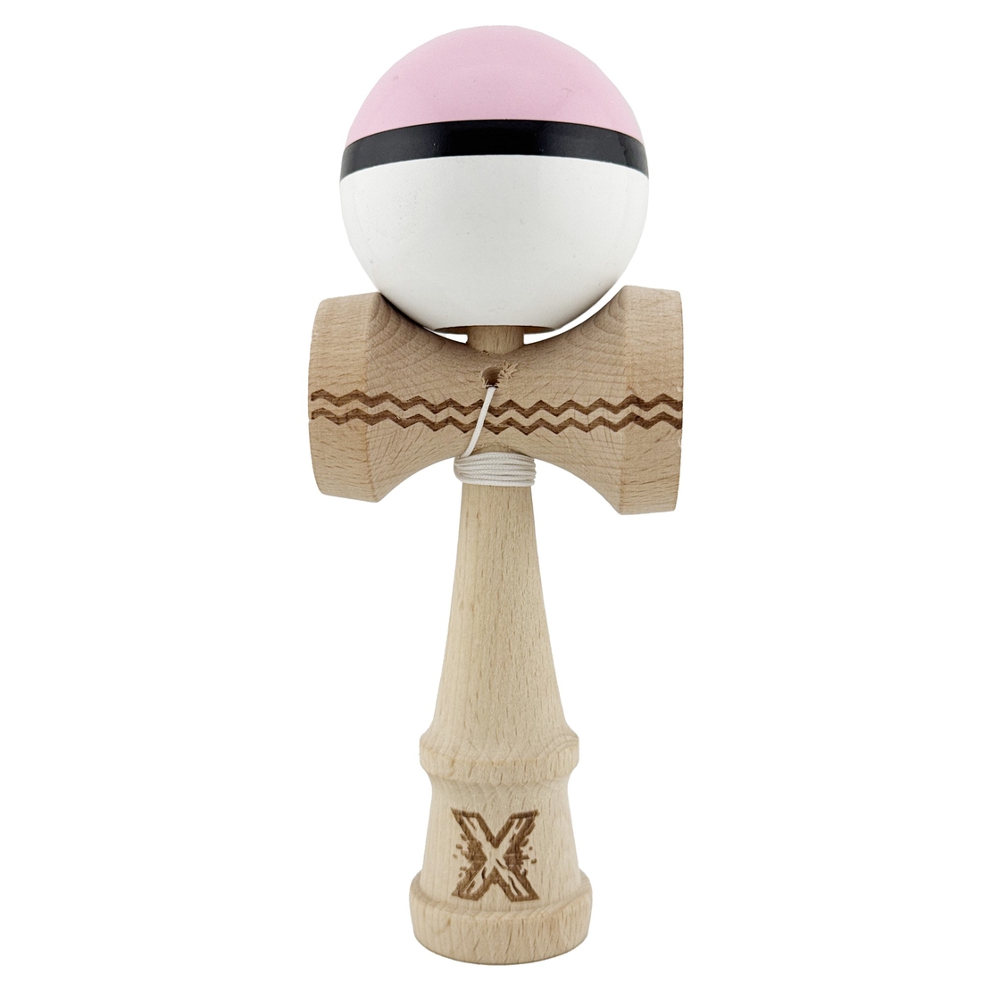 Kendama X Originala, Profesionala, Flippy, Gravata cu Cupe Mari V2, Super Sticky, Gaura in Baza, Rulment Metalic, din lemn 18 cm, Ata 55 cm, Roz/Negru/Alb