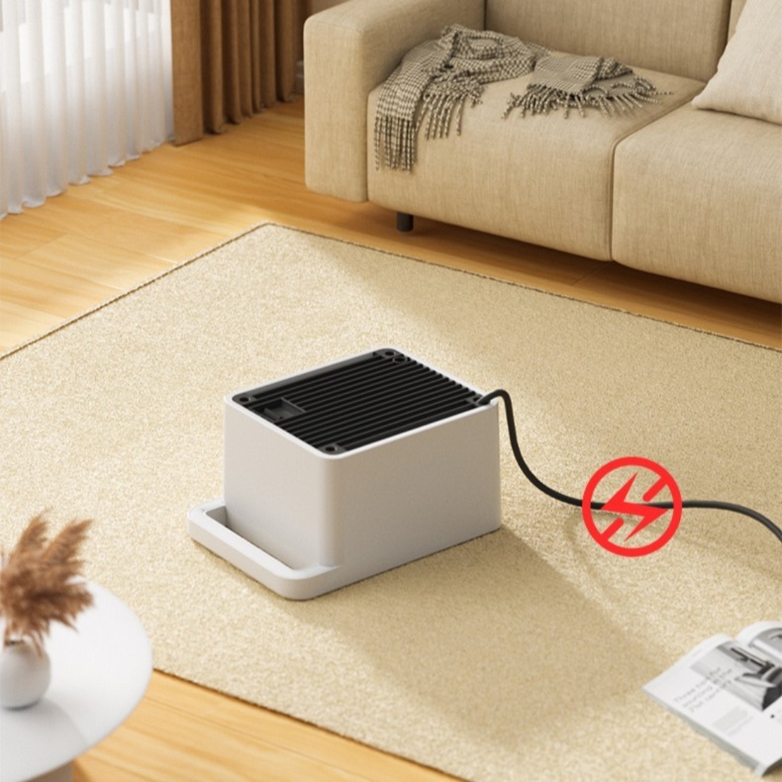 Mini Aeroterma, Vafy, Mini Radiator Electric, Putere 900 W, Buton cu 2 Trepte de Temperatura, Inchidere Automata, cu Maner de Prindere, 15x10.3x21 cm, Alb/ Negru