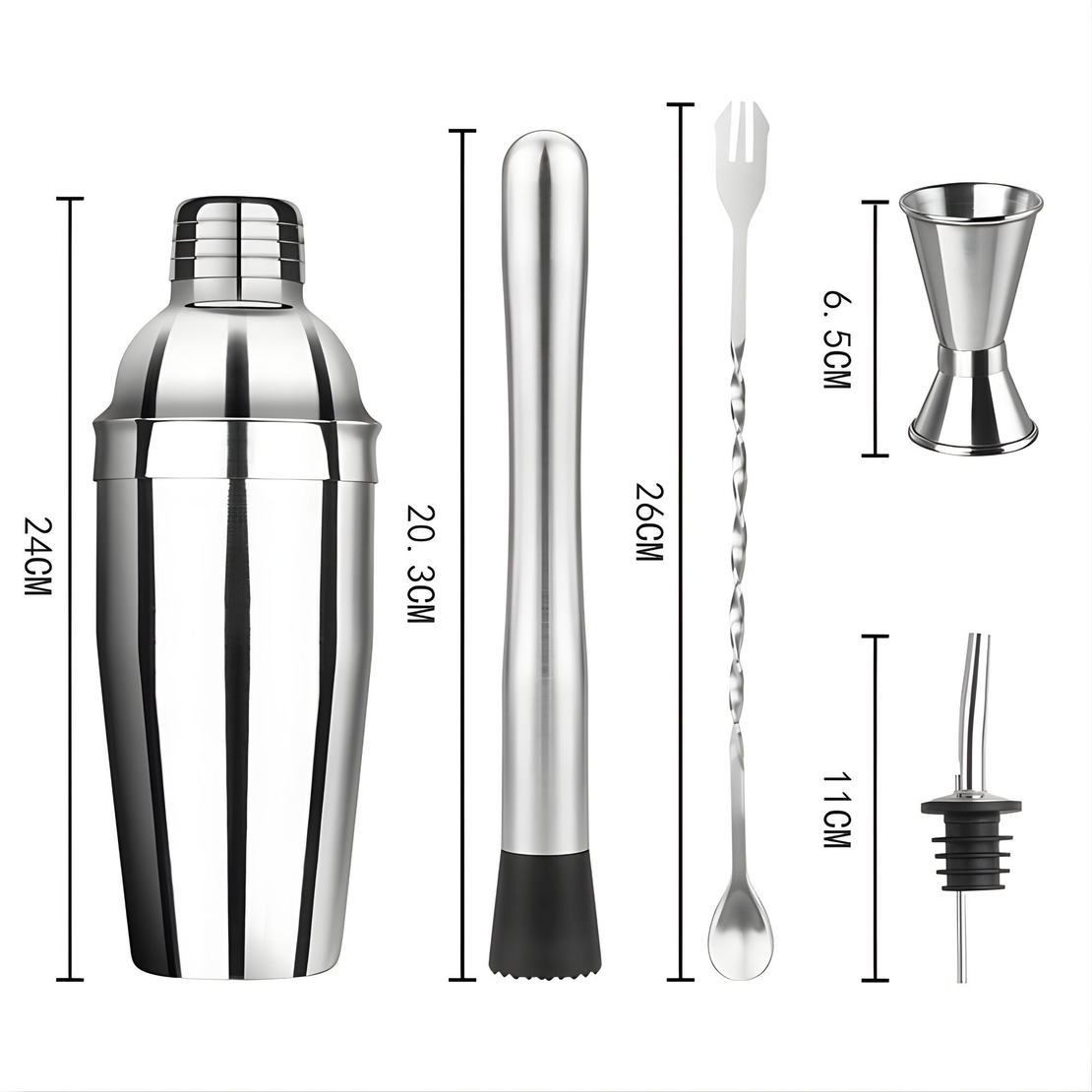 Set Barman Preparare Cocktail,Flippy, 6 Piese, Inox, Argintiu, Kit Accesorii Bar si Mixologie: Shaker750ml, Masura dubla, Pistil, Lingura barman, 2 Picuratoare
