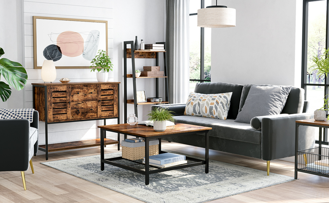 VASAGLE Biblioteca tip scara, cadru otel cu 4 polite din MDF, stil industrial, 56x34x138cm, maro rustic si negru