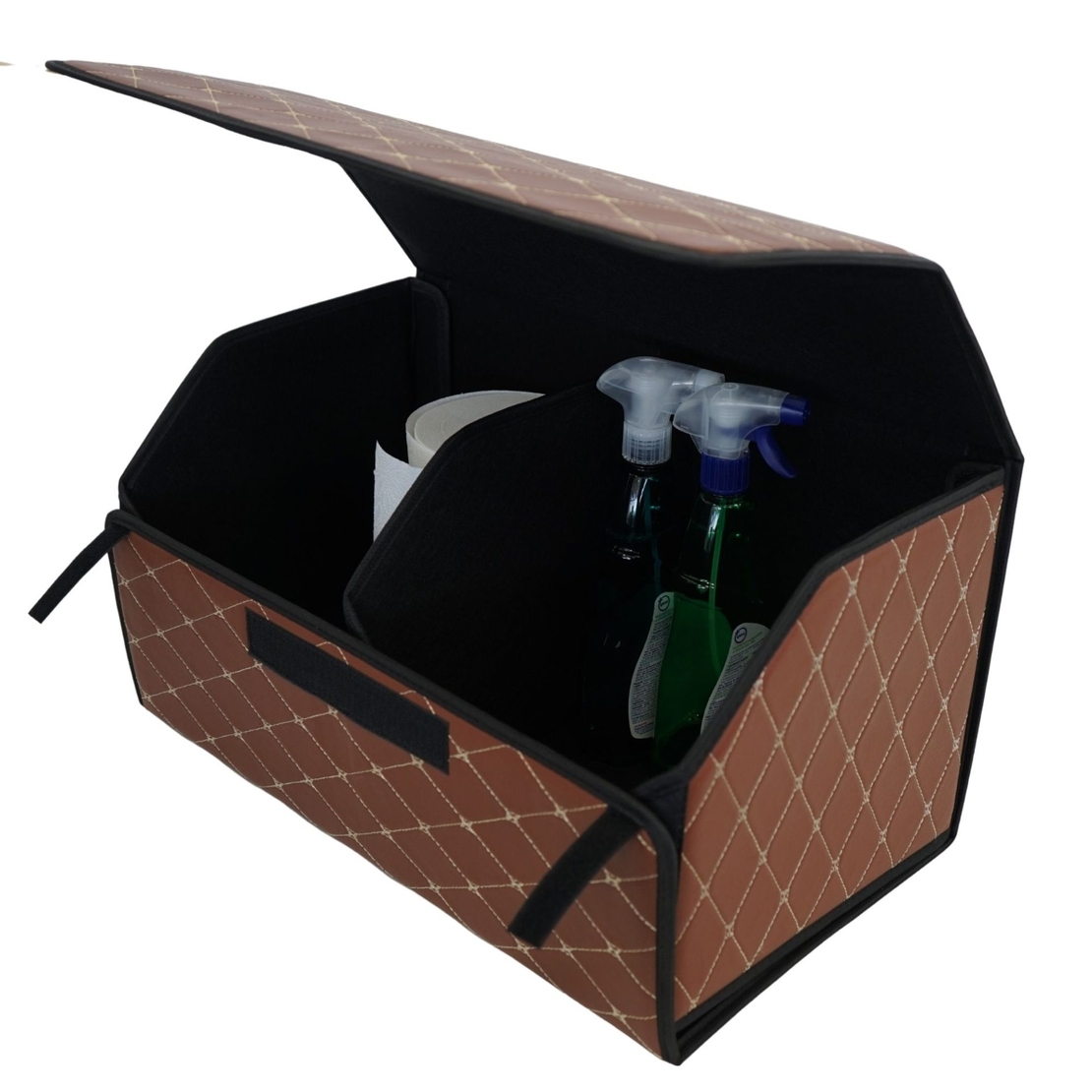 Cutie de Depozitare Auto, Flippy, Organizator Premium Portbagaj, Geanta Multifunctionala din Piele Ecologica, 2 Compartimente Depozitare, Pliabil, Rezistent la Uzura, Maro Inchis, 55 x 30 x 30cm