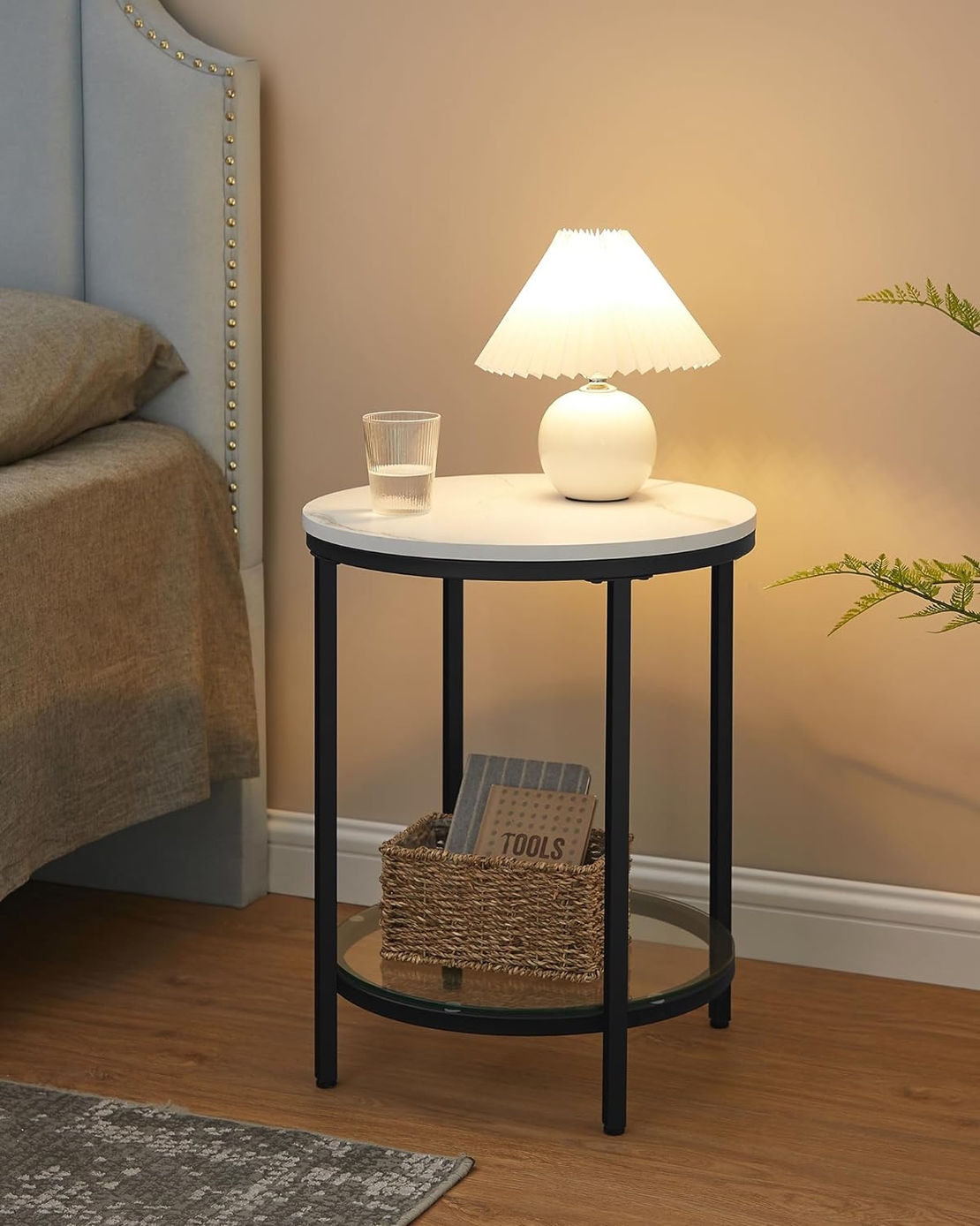 VASAGLE Masa rotunda, cu cadru de otel, noptiera, 45x55cm, negru cu blat alb aspect marmura