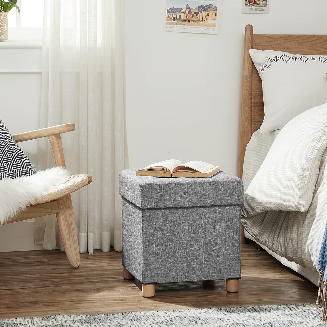 SONGMICS Taburet pliabil cu sezut moale, spatiu de depozitare, maxim 300kg, 38x38x40cm, gri