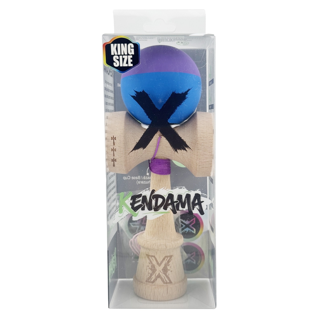Kendama X Originala, Profesionala, Flippy, Rubber Grip, Cupe Mari KING SIZE V3, Gaura in Baza, Rulment Metalic, din lemn 18 cm, Ata 62/65 cm, Bicolor Mov/Albastru