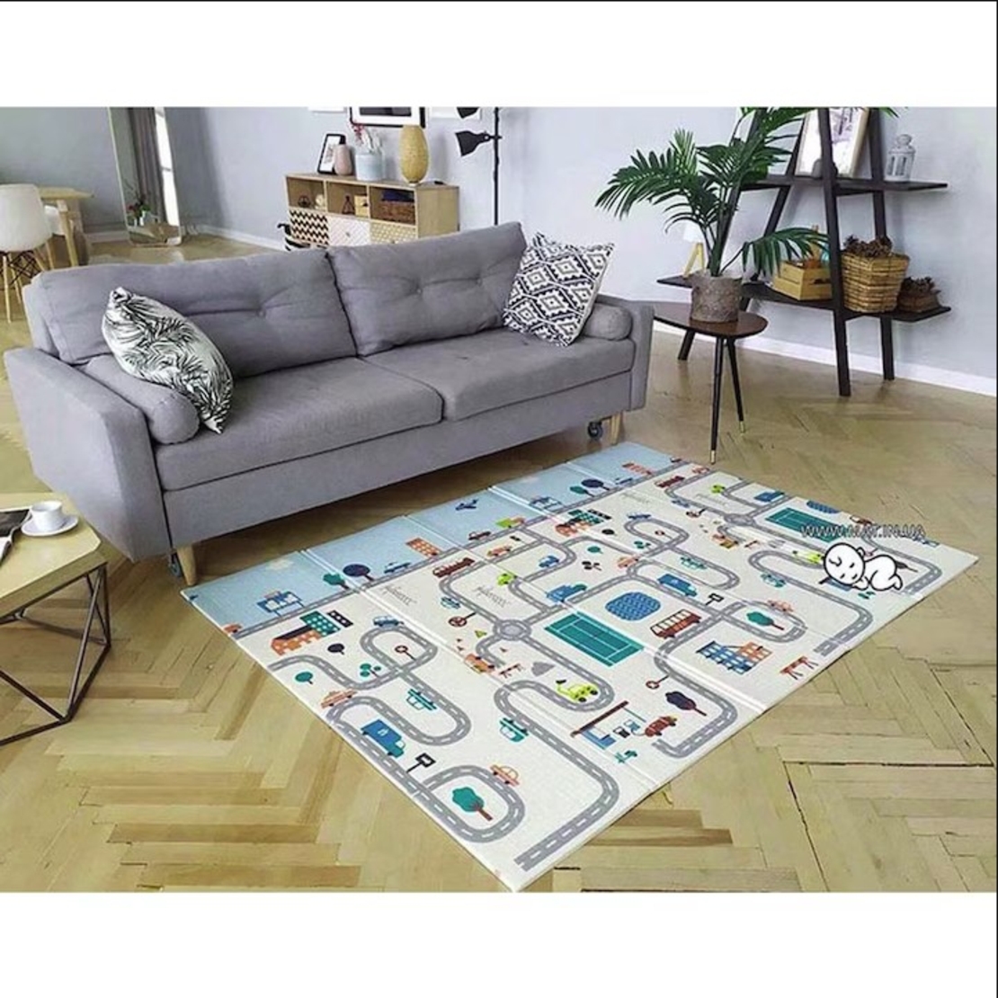 Covoras de Joaca pentru Copii Termic cu 2 Fete, Flippy, Model Vulpi si Pista de Masini, cu Spuma, Impermeabil, Antiderapant, 200cm x 180cm x 0.8cm